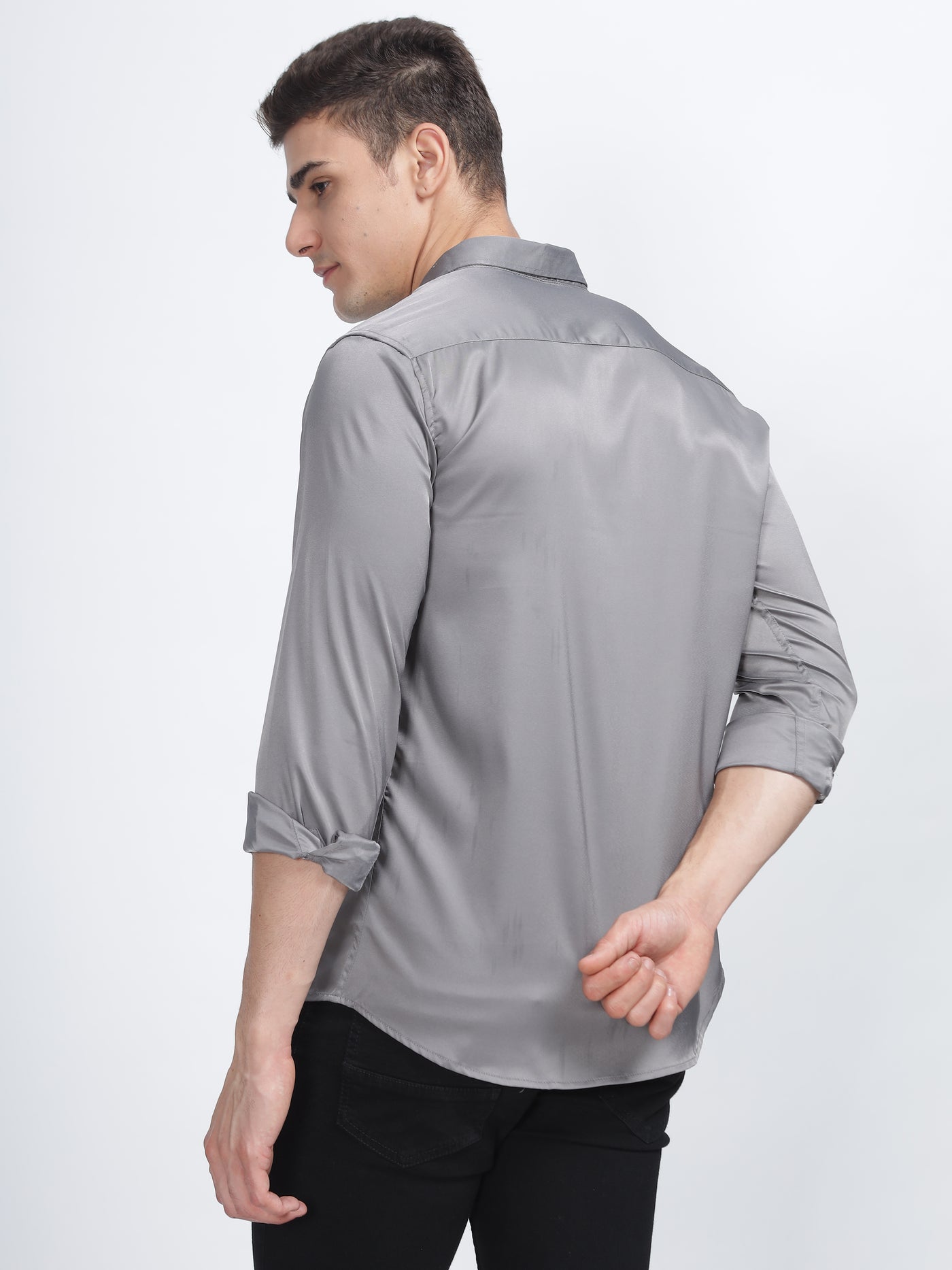 PLAIN PEACH SATIN STRETCH SHIRT SHARK GRAY