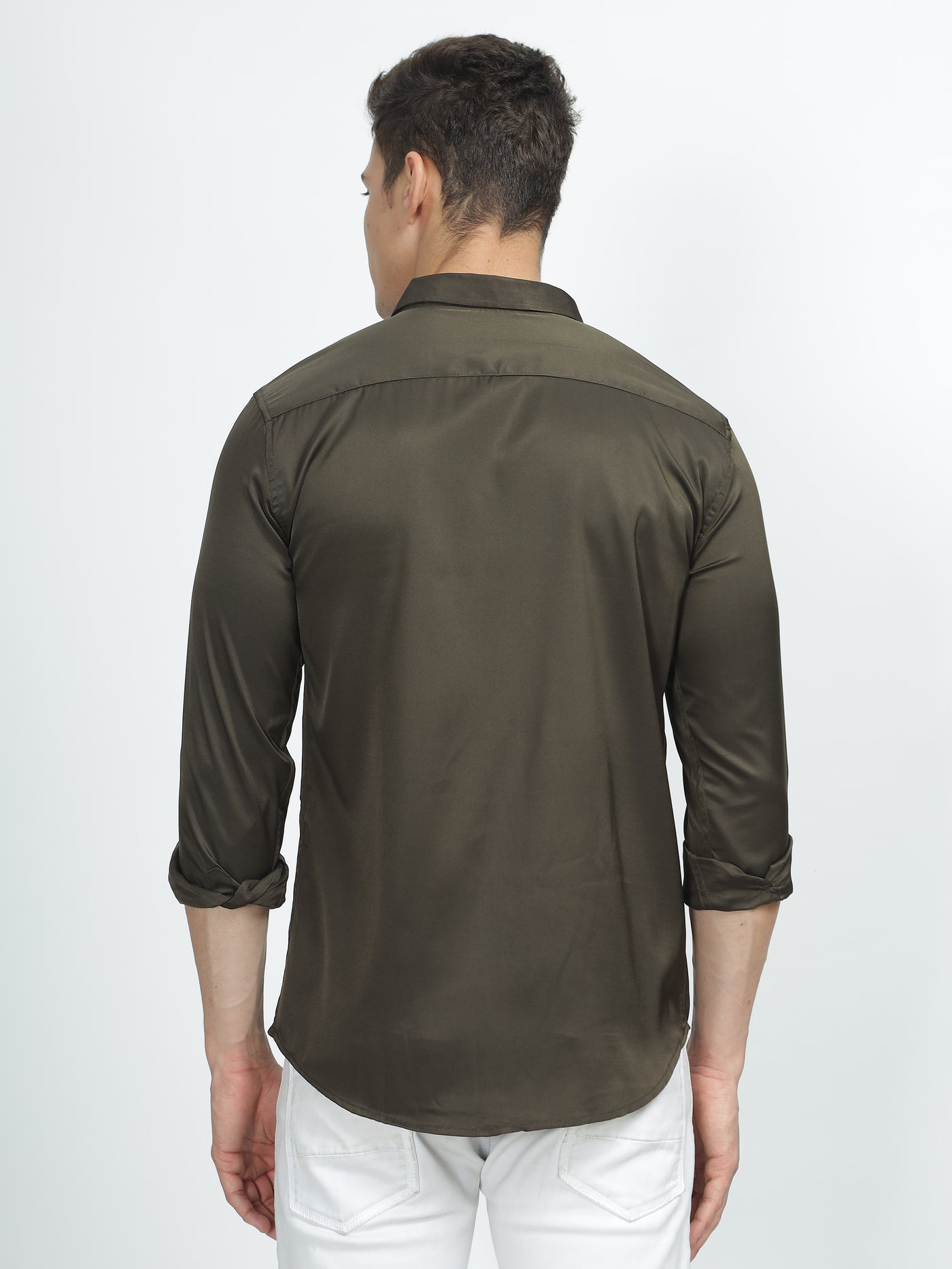 PLAIN PEACH SATIN STRETCH SHIRT STRONG OLIVE GREEN