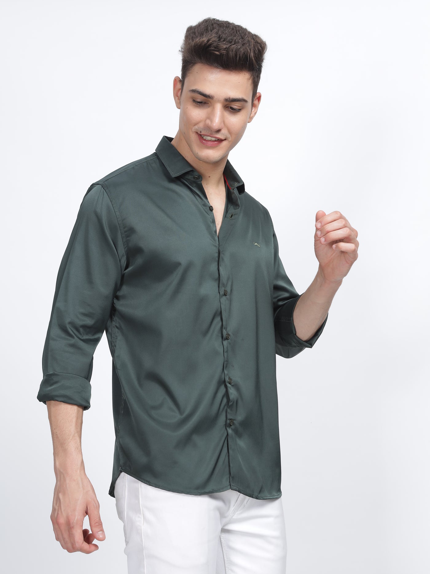 PLAIN PEACH SATIN STRETCH SHIRT HUNTER GREEN